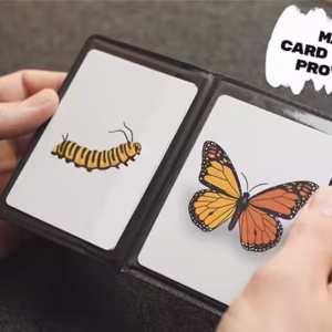 Manos sosteniendo el porta tarjetas mágicas de Caterfly con dos cartas: una ilustración de una oruga y otra de una mariposa, mostrando el truco visual de transformación.