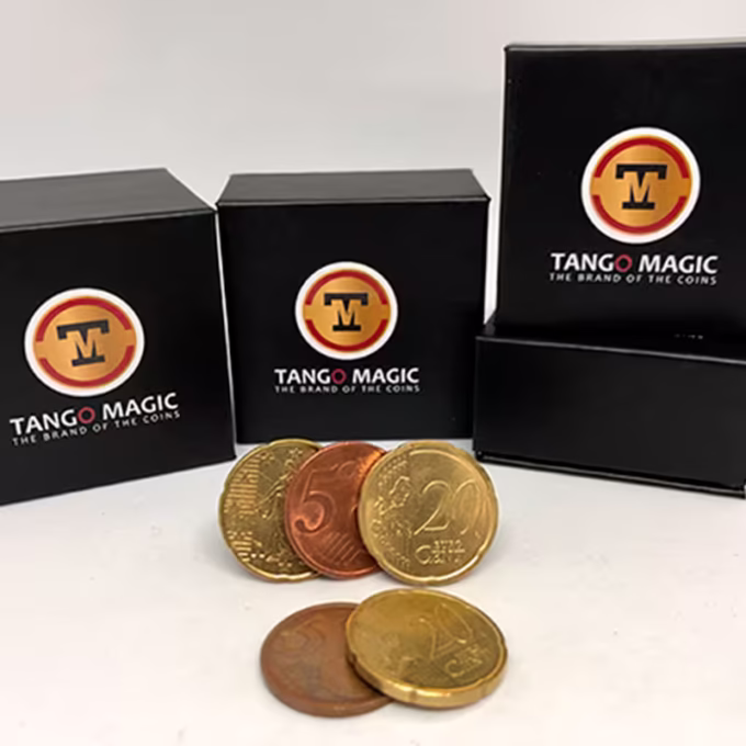 Set de monedas Hopping Half Euro de Tango Magic con cajas de presentación, monedas de euro y céntimos.