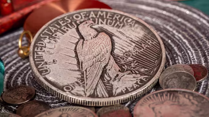 Reverso de la Moneda Jumbo Dollar de la Paz de N2G, mostrando el diseño de un águila sobre una roca, rodeado de monedas pequeñas en un tapete texturizado.