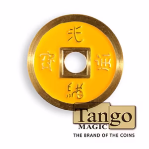 Moneda china tamaño un dólar de Tango Magic con acabado dorado y símbolos grabados