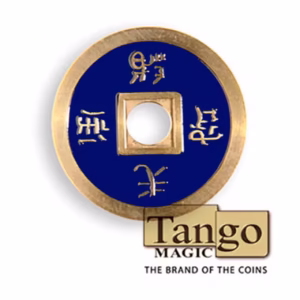 Moneda china tamaño un dólar de Tango Magic con fondo azul y caracteres orientales grabados