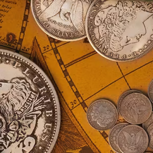 Moneda Jumbo Morgan de N2G junto a monedas Morgan estándar sobre fondo de mapa antiguo