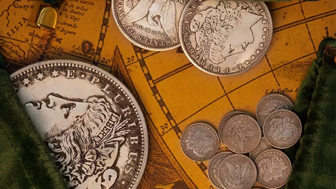 Moneda Jumbo Morgan de N2G junto a monedas Morgan estándar sobre fondo de mapa antiguo