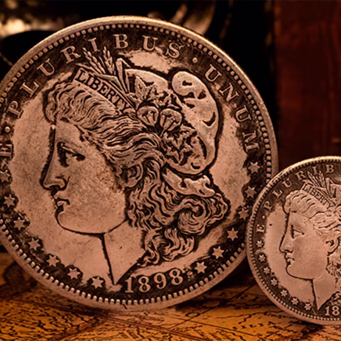 Comparación entre moneda Jumbo Morgan de N2G y Morgan estándar de N2G sobre fondo vintage