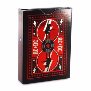 Baraja Bicycle ACDC con dorso del estuche negro y rojo, relámpagos y silueta de guitarrista