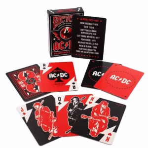 Baraja Bicycle ACDC con cartas desplegadas en rojo y negro, estuche y cartas de la corte