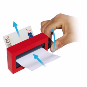 Demostración de la impresora mágica de dinero pequeña transformando papel en billete